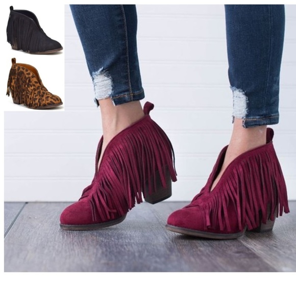 Black Suede Fringe Booties Ankle Boots - Picture 4 of 6